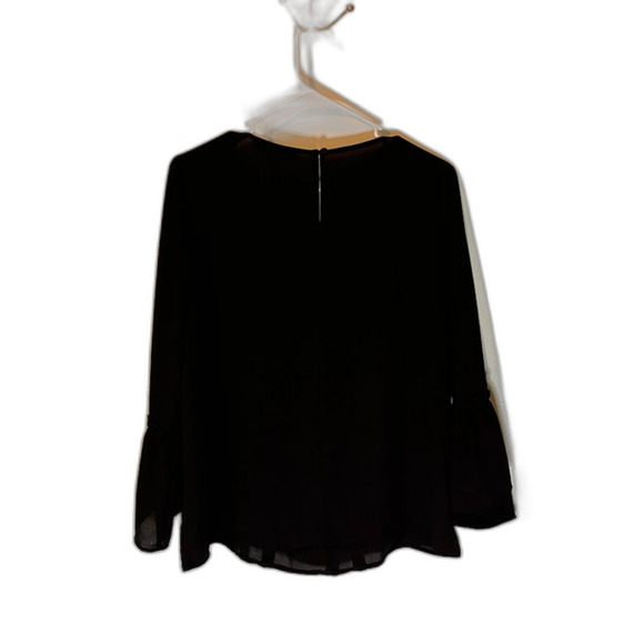 Loft Corpcore Dressy Navy Blue Sheer Long Bell Sleeves Ruffle Front Blouse SZ S - Picture 2 of 7